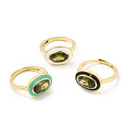 Rack Plating Brass Micro Pave Olive Drab Cubic Zirconia Oval Adjustable Rings, with Enamel, Cadmium Free & Lead Free, Long-Lasting Plated, Real 18K Gold Plated, Mixed Color, US Size 7 3/4, 1.5~2.5mm, Inner Diameter: 17.9mm(RJEW-E064-21G)