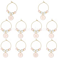 Flat Round with Number 0~9 Alloy Enamel Wine Glass Charms, with Brass Hoop Earring Findings and Glass Pearl Bead, Misty Rose, 45mm, 10pcs/set(AJEW-SC0002-04)