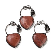 Natural Red Jasper Heart Big Pendants, Brass Ring Charms with Leaf & Jump Rings, Red Copper, 53~56x32~34x7~7.5mm, Hole: 6.6mm(G-A221-05A)