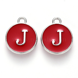Platinum Plated Alloy Enamel Charms, Cadmium Free & Lead Free, Enamelled Sequins, Flat Round with Letter, Red, Letter.J, 14x12x2mm, Hole: 1.5mm(ENAM-S118-03J-P)