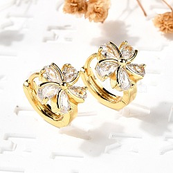 Flower Brass Hoop Earrings, with Clear Cubic Zirconia, Real 18K Gold Plated, 13x11x15mm(EJEW-S256-01B-G)