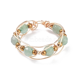 Round Natural Green Aventurine Braided Bead Finger Ring with Glass, Copper Wire Wrap Jewelry for Women, Golden, US Size 8 1/2(18.5mm)(RJEW-JR00450-01)