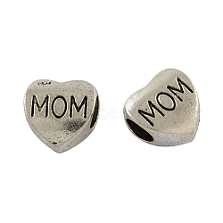 Mother's Day Tibetan Style Zinc Alloy European Beads, Heart with Word Mom, Lead Free & Cadmium Free, Antique Silver, 10.5x10.5x6.5mm, Hole: 4.8mm, about 277pcs/500g(MPDL-R038-048AS-RS)
