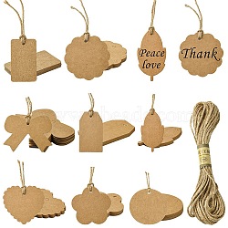 80Pcs 8 Styles Blank Kraft Paper Gift Tags, with Jute Cord, Bowknot & Flower & Leaf, Mixed Shapes, BurlyWood, 40~73x30~65.5x0.5mm, Hole: 3.5~5mm, 10pcs/style(CDIS-FS0001-05)