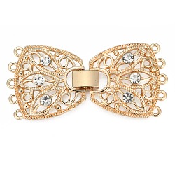 Filigree Alloy Fold Over Clasps, Long-Lasting Plated, with Rhinestone, 5 Strands, 10-Hole, Light Gold, 61x29x4mm, Hole: 2mm(X-PALLOY-P125-05B)