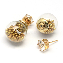 Women's Double Sided Glass Ball Stud Earrings, with Imitation Pearl Acrylic Beads inside, Rhinestones and Golden Iron Pins, Dark Goldenrod, 16mm, 8mm, Pin: 0.7mm(X-EJEW-R104-07J)