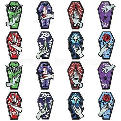 16Pcs 8 Styles Opaque Printed Acrylic Pendants, for Halloween, Coffin with Vampire Hand Charm, Eye/Goblet/Skull/Rose/Butterfly/Snake/Spider/Perfume Bottle Pattern, Mixed Color, 41~43x23.5~27.5x2.5mm, Hole: 2mm, 2pcs/style(SACR-CJ0001-24)