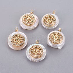 Natural Cultured Freshwater Pearl Pendants, with Brass Micro Pave Cubic Zirconia Cabochons, Nuggets with Flat Round with Tree of Life, Clear, Golden, 14~28x12~22x5~12mm, Hole: 1.2mm(PEAR-J004-15G)