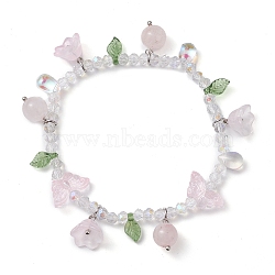 Natural Rose Quartz & Glass Beaded Stretch Bracelet with Flower Charms, Inner Diameter: 2-3/8 inch(6.1cm)(BJEW-JB10176-02)