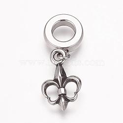 304 Stainless Steel European Dangle Charms, Large Hole Pendants, Fleur De Lis, Antique Silver, 26mm, Hole: 5mm, Pendant: 16x10x3mm(OPDL-K001-08AS)