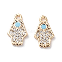 Brass Micro Pave Clear Cubic Zirconia Charms, with Glass, Hamsa Hand Charms, Real 18K Gold Plated, 13.5x8x1.5mm, Hole: 1.4mm(KK-F871-47G)