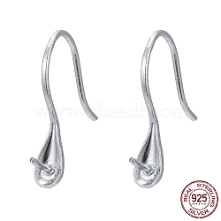 Rhodium Plated 925 Sterling Silver Earring Hooks, with Cup Pearl Bail Pin for Half Drilled Beads, Platinum, 15x3.5x12mm, Bail 22 Gauge, Pin: 0.6mm, 21 Gauge, Pin: 0.7mm(STER-E041-14P)