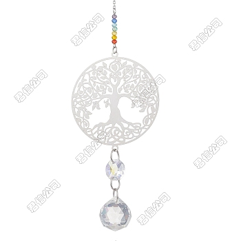 2Pcs 201 Stainless Steel Tree of Life Shape & Rainbow Crystal Glass Hanging Suncatcher, Colorful, 260mm