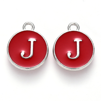 Platinum Plated Alloy Enamel Charms, Cadmium Free & Lead Free, Enamelled Sequins, Flat Round with Letter, Red, Letter.J, 14x12x2mm, Hole: 1.5mm