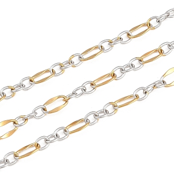 Two Tone 304 Stainless Steel Oval Link Chains, Ion Plating(IP), Soldered, with Spool, Golden & Stainless Steel Color, 3.5~6x2.5~3.5x0.5mm