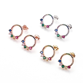 Brass Micro Pave Cubic Zirconia Stud Earrings, with Brass Ear Nuts, Ring, Colorful, Mixed Color, 13~13.5x12x3mm, Pin: 0.7mm