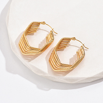 Real 18K Gold Plated 304 Stainless Steel Multi Layered Hoop Earrings, Hexagon, 35x25mm