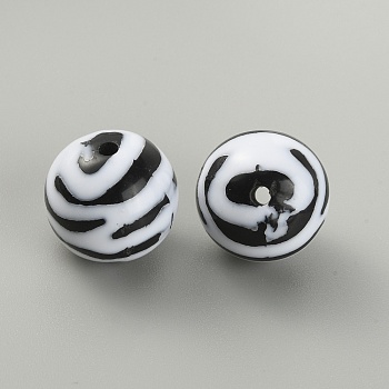 Opaque Resin Beads, Round with Zebra-stripe Pattern, Black, 19~19.5mm, Hole: 2.7mm