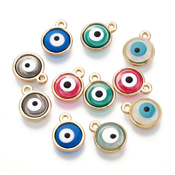 Epoxy Resin Enamel Evil Eye Charms, with Rack Plating Light Gold Tone Alloy Open Back Bezel, Cadmium Free & Nickel Free & Lead Free, Mixed Color, 10x8x1.5~2.5mm, Hole: 1mm