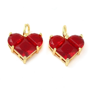 Rack Plating Brass Pendants, with Glass, Long-Lasting Plated, Lead Free & Cadmium Free, Heart, Red, 13.5x14x5.5mm, Hole: 4mm