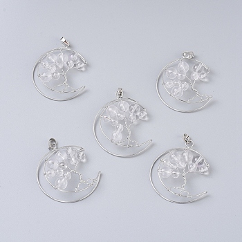 Natural Quartz Crystal Big Pendants, with Platinum Tone Brass Findings, Moon with Tree, 50~53x41~43x8~10mm, Hole: 7x5mm