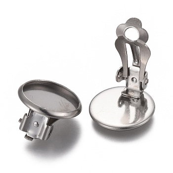 304 Stainless Steel Clip-on Earring Setting, Flat Round, Stainless Steel Color, Tray: 12mm, 14x8mm
