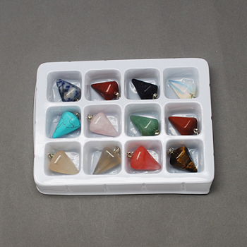 Gemstone Pendants, with Brass Clasps, Mixed Stone, Cone/Spike/Pendulum, Mixed Color, 26x16mm, Hole: 6x2mm, 12pcs/box