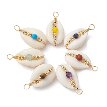 7Pcs Natural Cowrie Shell Copper Wire Wrapped Pendants, Chakra Shell Charms with Faceted Gemstone Beads, Golden, Mixed Color, 26.5~27x14~14.5x11~11.3mm, Hole: 3.3mm