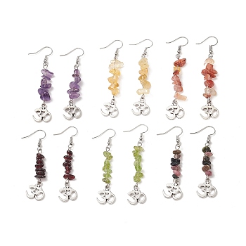 Natural Gemstone Chips Dangle Earrings, Antique Silver Alloy Yoga Theme Long Drop Earrings with Brass Ear Wires for Women, 66mm, Pin: 0.5mm