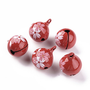 Baking Painted Brass Bell Pendants, Ball with Sakura, Red, 23x18x18mm, Hole: 2.5mm