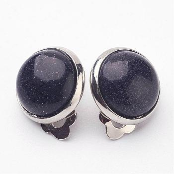 Synthetic Blue Goldstone Brass Clip-on Earrings, Flat Round, Midnight Blue, 14x10mm