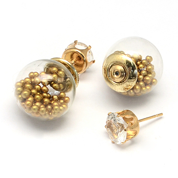 Women's Double Sided Glass Ball Stud Earrings, with Imitation Pearl Acrylic Beads inside, Rhinestones and Golden Iron Pins, Dark Goldenrod, 16mm, 8mm, Pin: 0.7mm