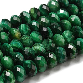 Natural Tiger Eye Beads Strands, Faceted, Dyed, Rondelle, Green, 8~8.5x5~5.5mm, Hole: 1mm, about 71pcs/strand, 15.31''(38.9cm)