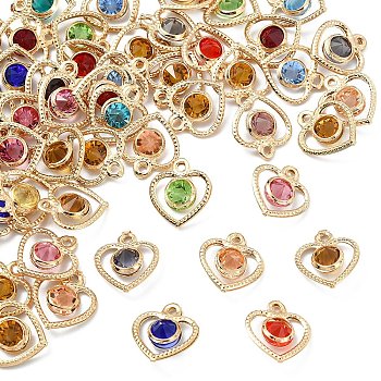 60Pcs Rack Plating Eco-Friendly Iron Rhinestone Heart Charms, Cadmium Free & Nickel Free & Lead Free, Light Gold, Mixed Color, 15x13x5mm, Hole: 1.5mm