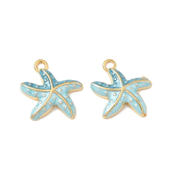 304 Stainless Steel Enamel Pendants, Starfish Charms, Ion Plating(IP), Real 18K Gold Plated, Sky Blue, 18x17x3.5mm, Hole: 1.8mm