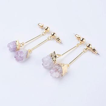 Rough Natural Amethyst Dangle Stud Earrings, with Brass Findings, Golden, 50~55mm, Pin: 0.7mm