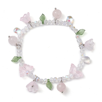 Natural Rose Quartz & Glass Beaded Stretch Bracelet with Flower Charms, Inner Diameter: 2-3/8 inch(6.1cm)