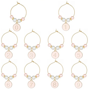 Flat Round with Number 0~9 Alloy Enamel Wine Glass Charms, with Brass Hoop Earring Findings and Glass Pearl Bead, Misty Rose, 45mm, 10pcs/set