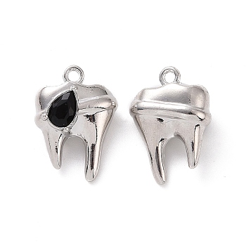 Rack Plating Alloy Glass Pendants, Cadmium Free & Lead Free & Nickle Free, Faceted, Tooth Charms with Teardrop, Platinum, Black, 19x13.5x7mm, Hole: 1.4mm