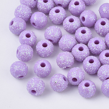 Opaque Acrylic Beads, with Glitter Powder, Round, Medium Purple, 8.5x7mm, Hole: 2mm