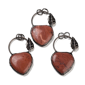 Natural Red Jasper Heart Big Pendants, Brass Ring Charms with Leaf & Jump Rings, Red Copper, 53~56x32~34x7~7.5mm, Hole: 6.6mm