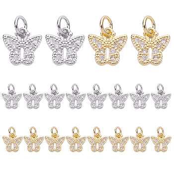 Elite 20Pcs 2 Colors Brass Micro Pave Clear Cubic Zirconia Pendants, with Jump Rings, Butterfly, Real Gold Plated & Real Platinum Plated, 10x10x1.5mm, Hole: 3.5mm, 10pcs/color