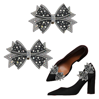 2Pcs Bowknot Shoe Decoration, with Glass Rhinestone & Alloy Clip, Black, 69x111x9.5mm