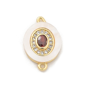 Brass Micro Pave Clear Cubic Zirconia & Shell Connector Charms, with Orange Red Glass, Real 18K Gold Plated, Oval, 17x11x2.5mm, Hole: 1.2mm