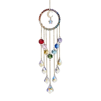 Natural Gemstone Ring Pendants Decorations, with Brass Finding and Glass Leaf/Star Charm, for Home Decorations, 305mm