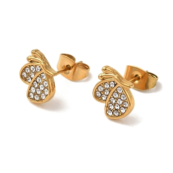 304 Stainless Steel Crystal Rhinestone Stud Earrings for Women, Golden, Butterfly, 9x10mm