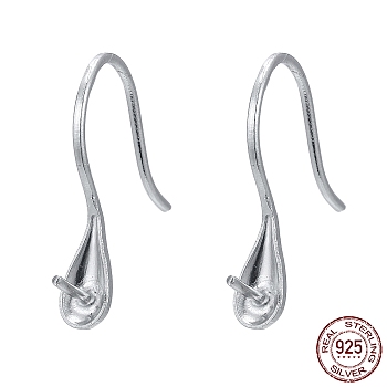 Rhodium Plated 925 Sterling Silver Earring Hooks, with Cup Pearl Bail Pin for Half Drilled Beads, Platinum, 15x3.5x12mm, Bail 22 Gauge, Pin: 0.6mm, 21 Gauge, Pin: 0.7mm