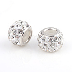 Polymer Clay Rhinestone European Beads, Large Hole Beads, Rondelle, with Silver Color Plated Brass Cores, Crystal, 10~12x7~8mm, Hole: 5mm(X-CPDL-T001-16)