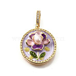 Brass Micro Pave Cubic Zirconia & Enamel Pendants, Flat Round with Flower Charms, with Glitter Powder and Natural Freshwater Pearl, Nickel Free, Real 18K Gold Plated, Medium Purple, 25.5x23.5x9.5mm, Hole: 6.5x4.5mm(KK-R222-10G-02)
