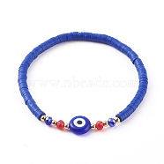 Polymer Clay Heishi Beaded Stretch Bracelets, with Evil Eye Lampwork Beads, Brass Beads and Glass Round Beads, Golden, Blue, Inner Diameter: 2-1/4 inch(5.6cm)(BJEW-JB06130-01)